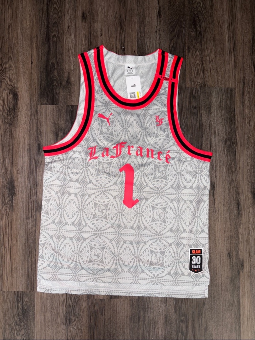 LaFrance #1 Mesh Basketball Jersey in gray & Neon Pink, size medium. Brand new